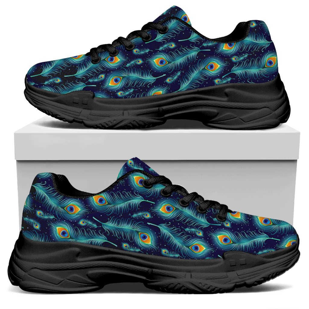 Peacock Feather Pattern Print Black Chunky Shoes