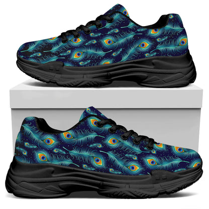 Peacock Feather Pattern Print Black Chunky Shoes