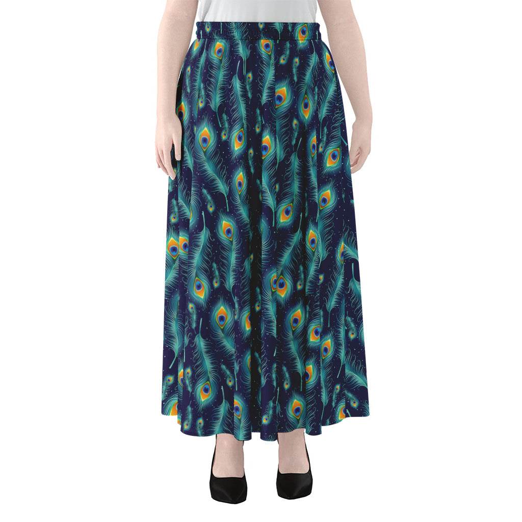 Peacock Feather Pattern Print Chiffon Maxi Skirt