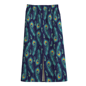 Peacock Feather Pattern Print Cotton Front Slit Maxi Skirt