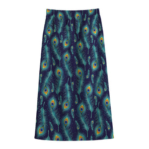 Peacock Feather Pattern Print Cotton Front Slit Maxi Skirt