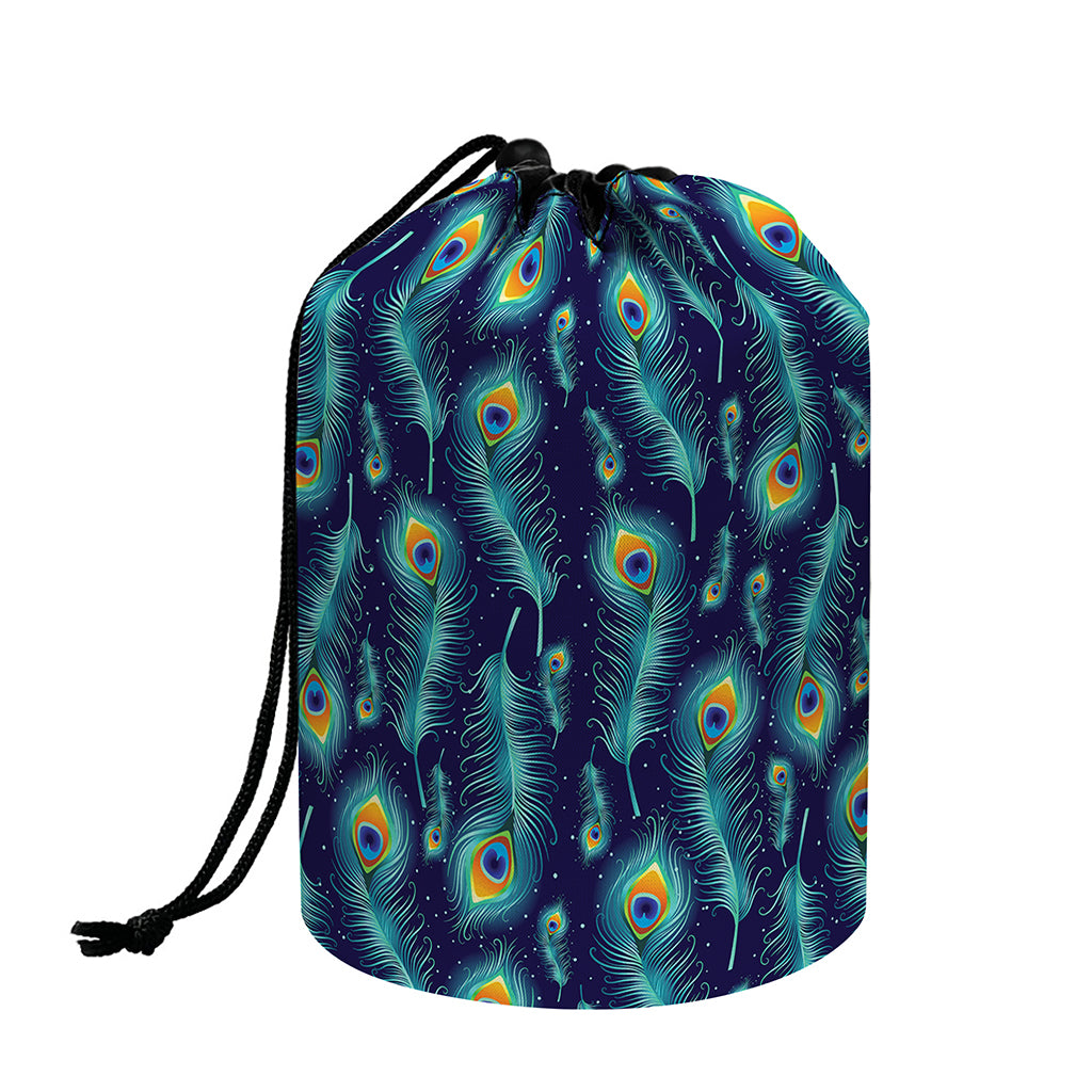 Peacock Feather Pattern Print Drawstring Makeup Bag