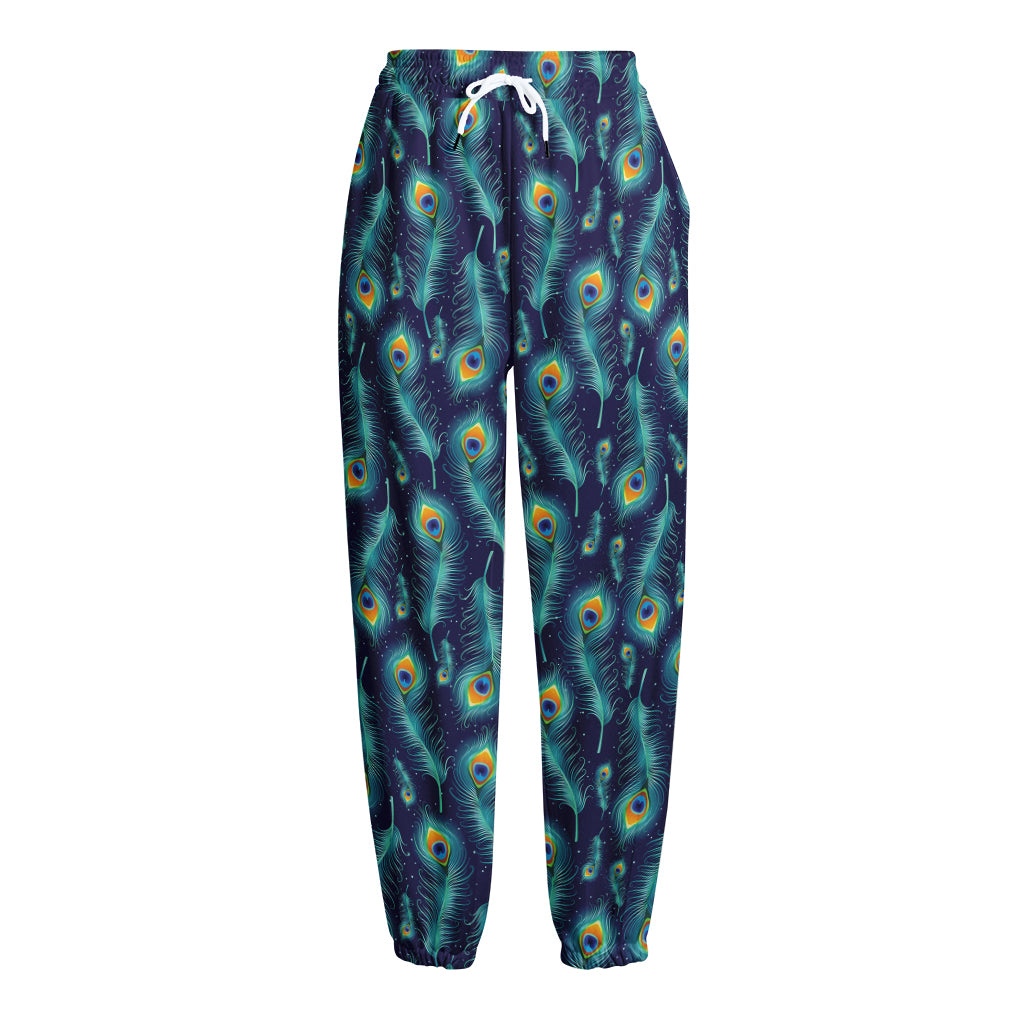 Peacock Feather Pattern Print Fleece Lined Knit Pants