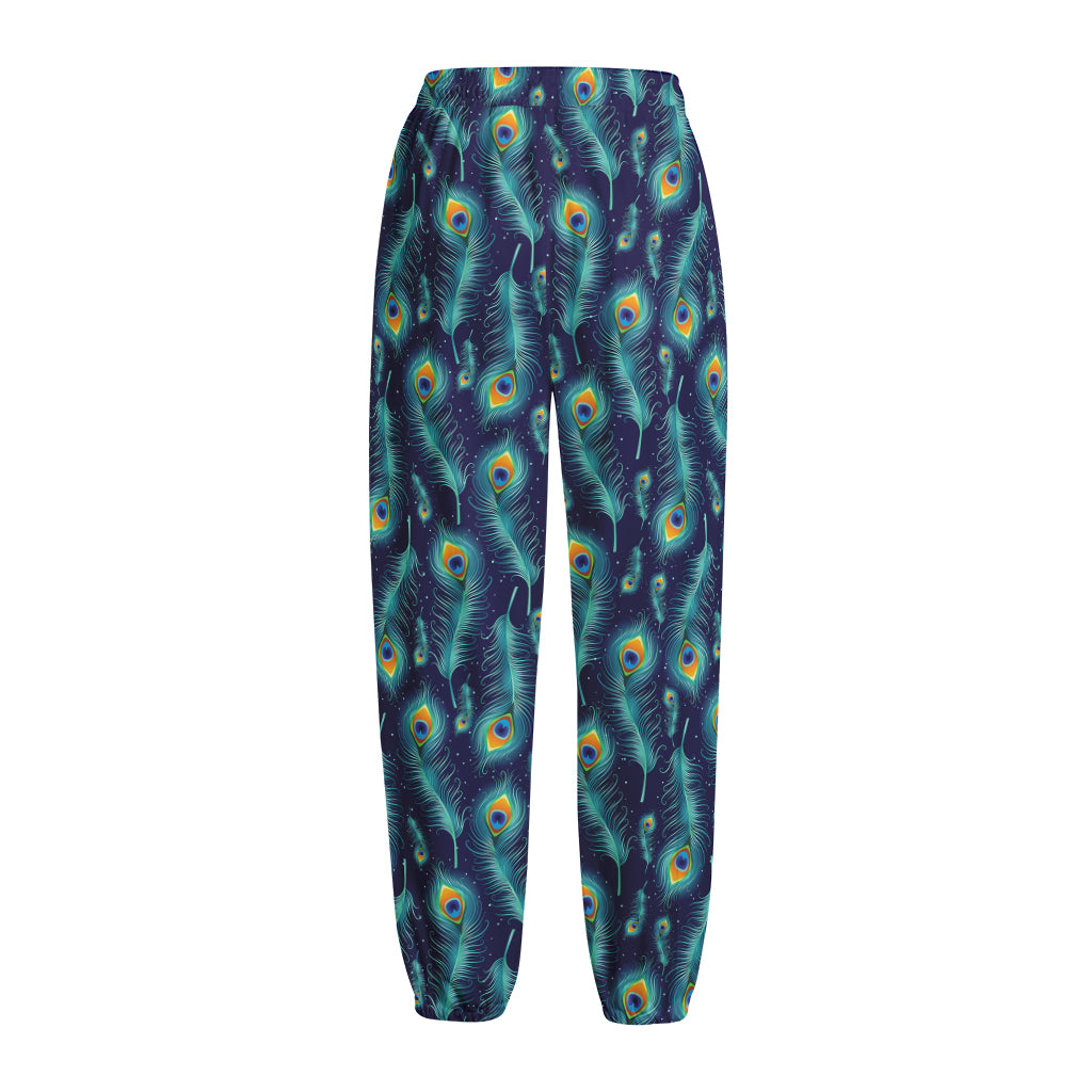 Peacock Feather Pattern Print Fleece Lined Knit Pants