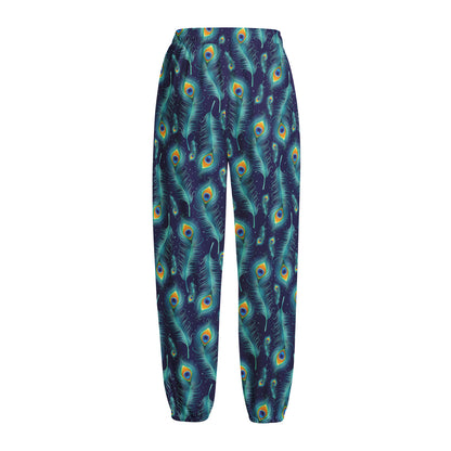 Peacock Feather Pattern Print Fleece Lined Knit Pants