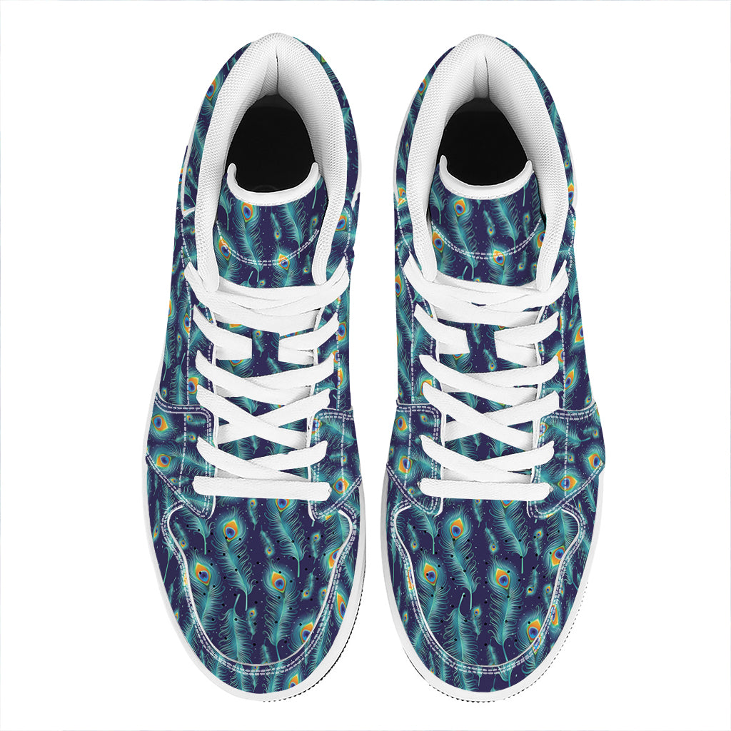 Peacock Feather Pattern Print High Top Leather Sneakers