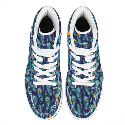 Peacock Feather Pattern Print High Top Leather Sneakers