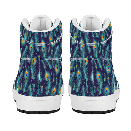Peacock Feather Pattern Print High Top Leather Sneakers