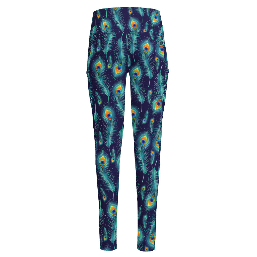 Peacock Feather Pattern Print High-Waisted Pocket Leggings