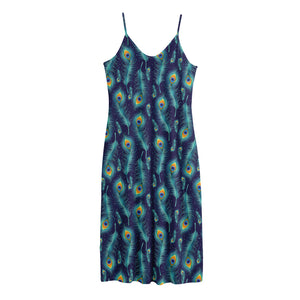 Peacock Feather Pattern Print Jersey Midi Cami Dress