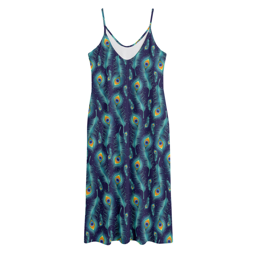 Peacock Feather Pattern Print Jersey Midi Cami Dress