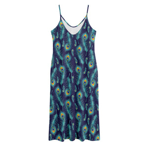 Peacock Feather Pattern Print Jersey Midi Cami Dress