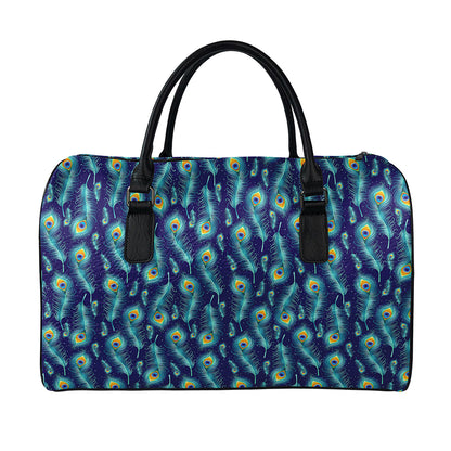 Peacock Feather Pattern Print Leather Duffle Bag