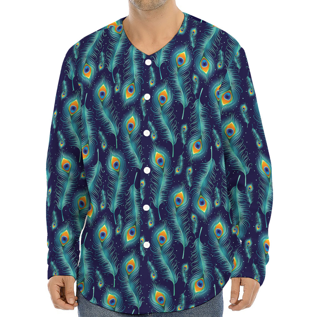 Peacock Feather Pattern Print Long Sleeve Baseball Jersey