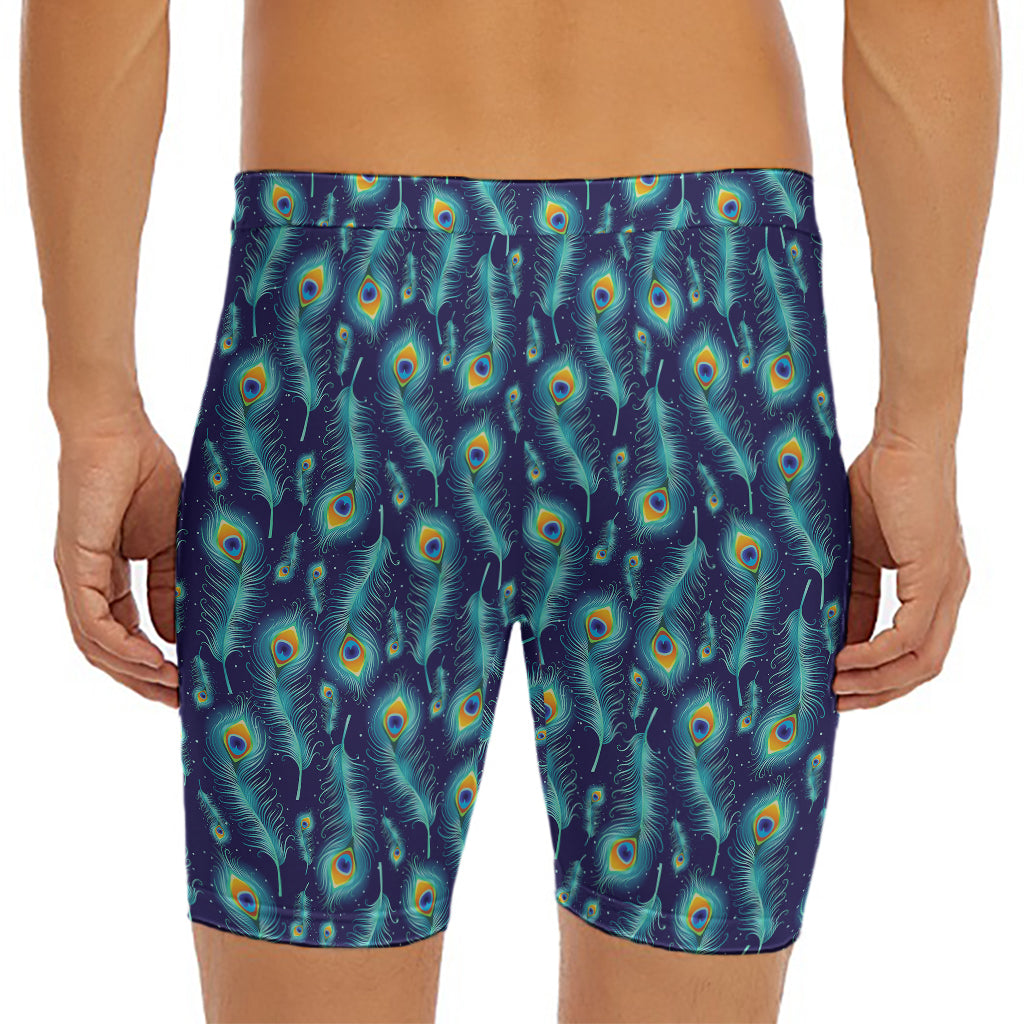 Peacock Feather Pattern Print Men's Long Boxer Briefs