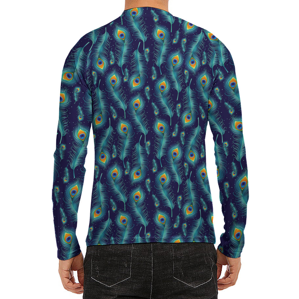 Peacock Feather Pattern Print Men's Long Sleeve Rash Guard