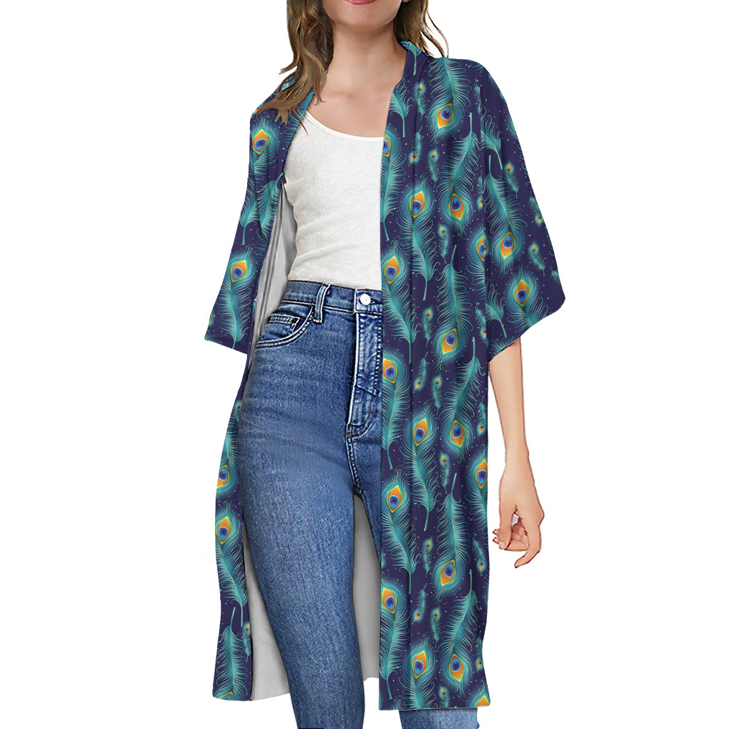 Peacock Feather Pattern Print Open Front Beach Cover Up