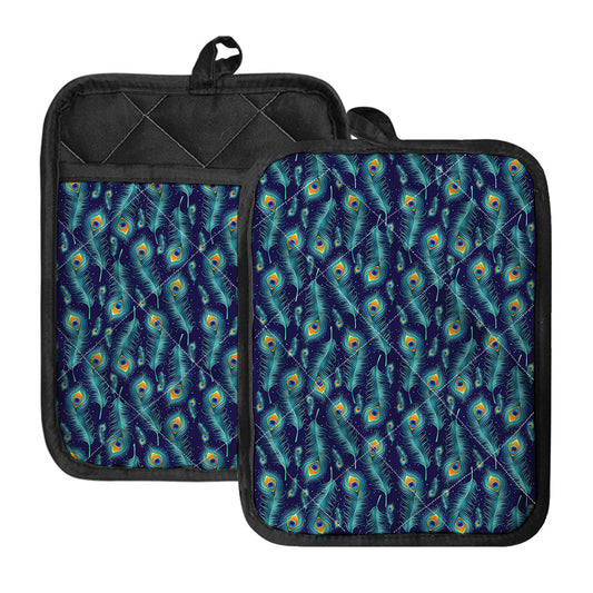 Peacock Feather Pattern Print Pot Holders With Pocket