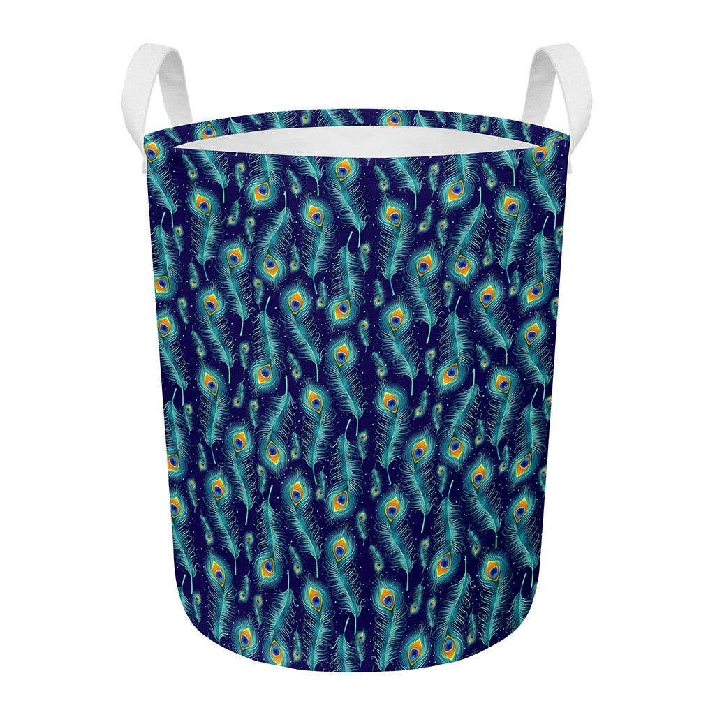 Peacock Feather Pattern Print Round Laundry Basket
