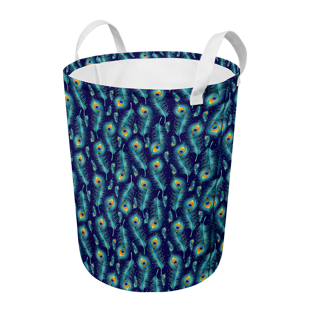 Peacock Feather Pattern Print Round Laundry Basket