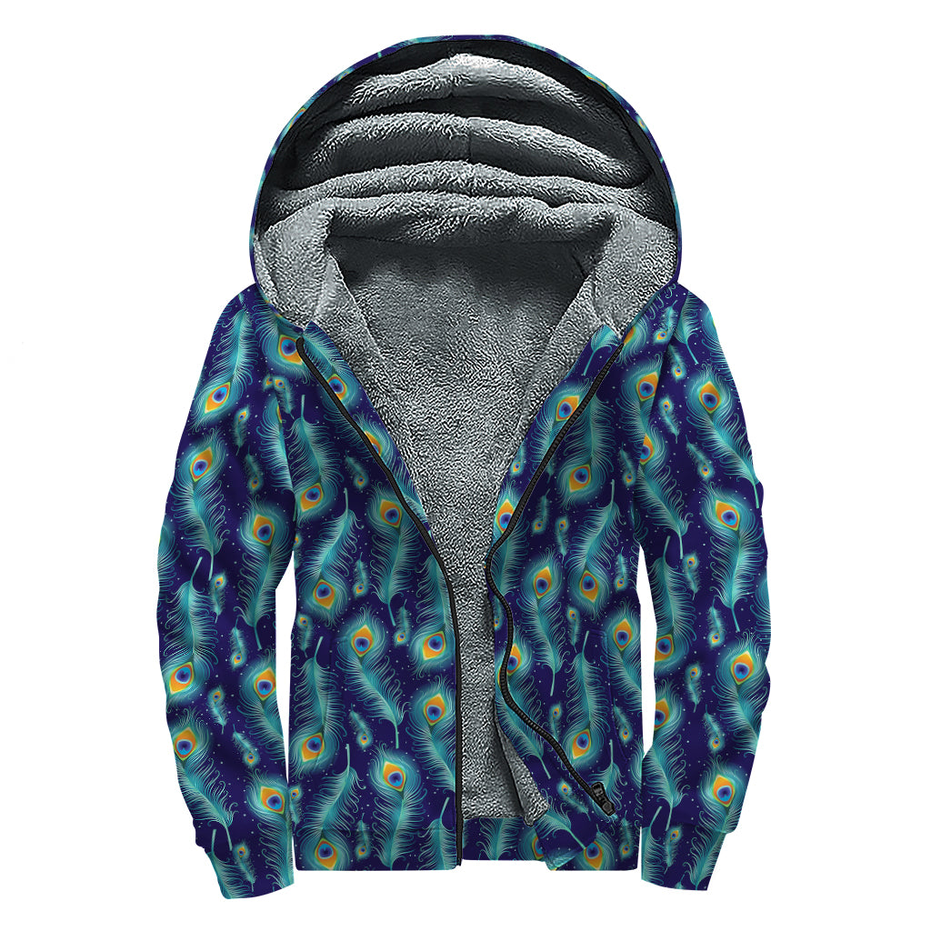 Peacock Feather Pattern Print Sherpa Lined Zip Up Hoodie