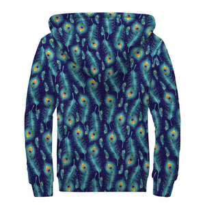 Peacock Feather Pattern Print Sherpa Lined Zip Up Hoodie