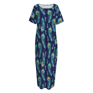 Peacock Feather Pattern Print Short Sleeve Long Nightdress