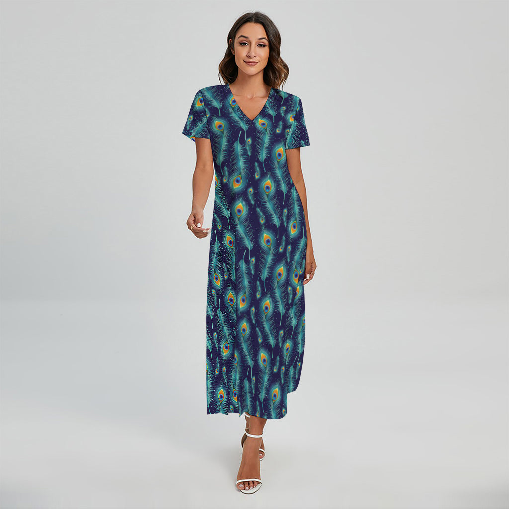 Peacock Feather Pattern Print Short Sleeve Maxi Dress