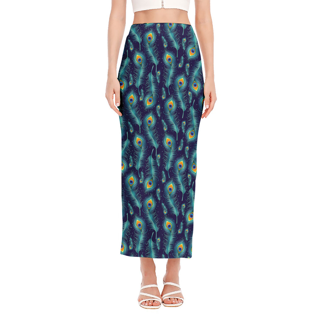 Peacock Feather Pattern Print Side Slit Maxi Skirt