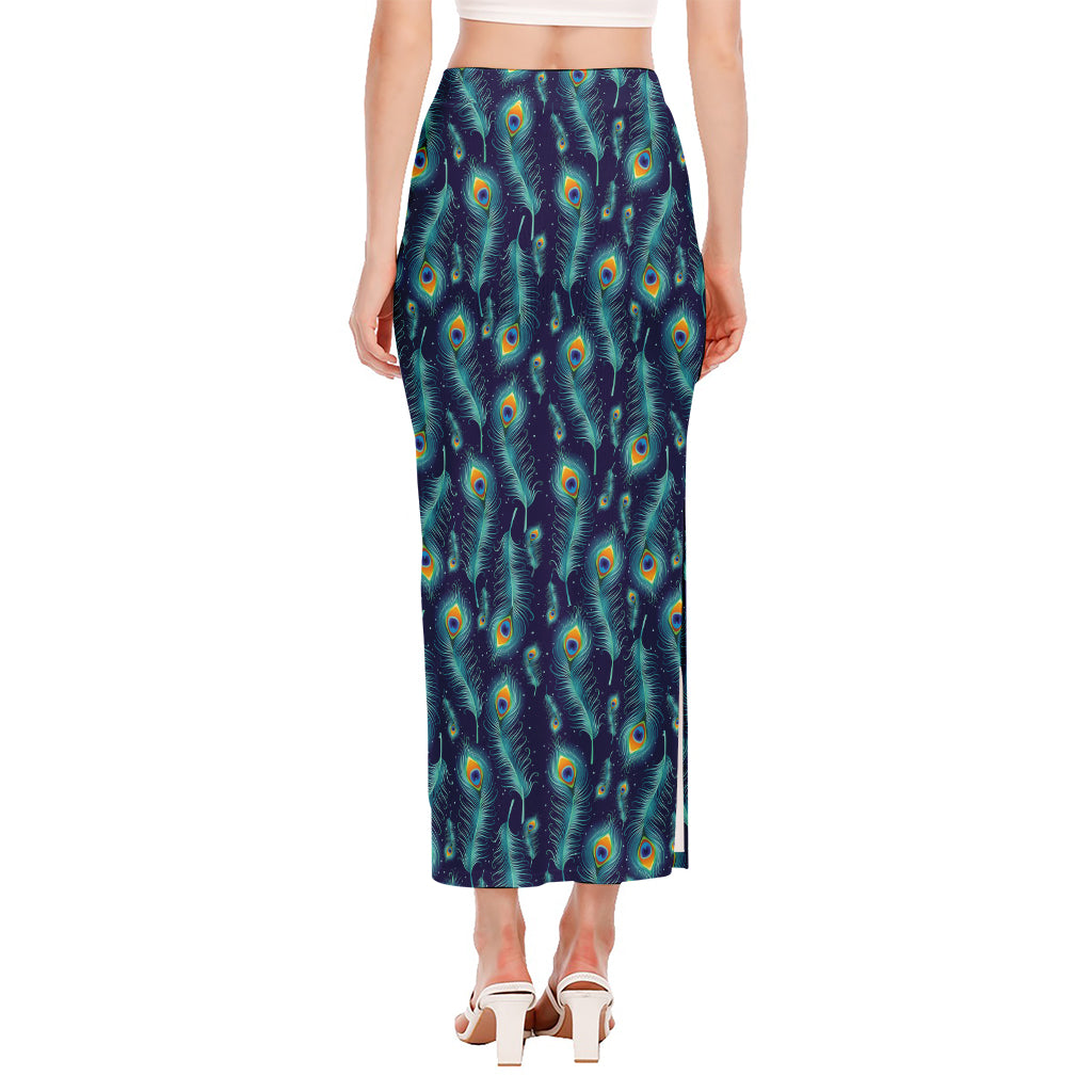 Peacock Feather Pattern Print Side Slit Maxi Skirt