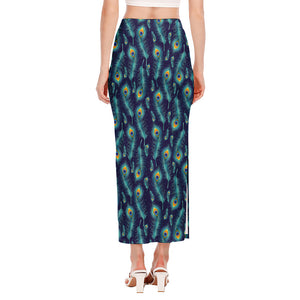 Peacock Feather Pattern Print Side Slit Maxi Skirt