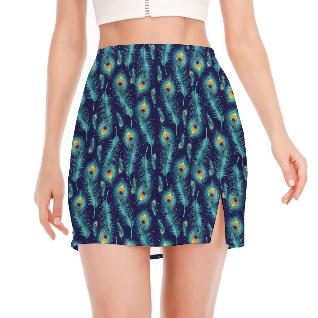 Peacock Feather Pattern Print Side Slit Mini Skirt