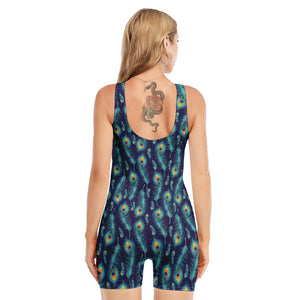 Peacock Feather Pattern Print Sleeveless One Piece Swimsuit