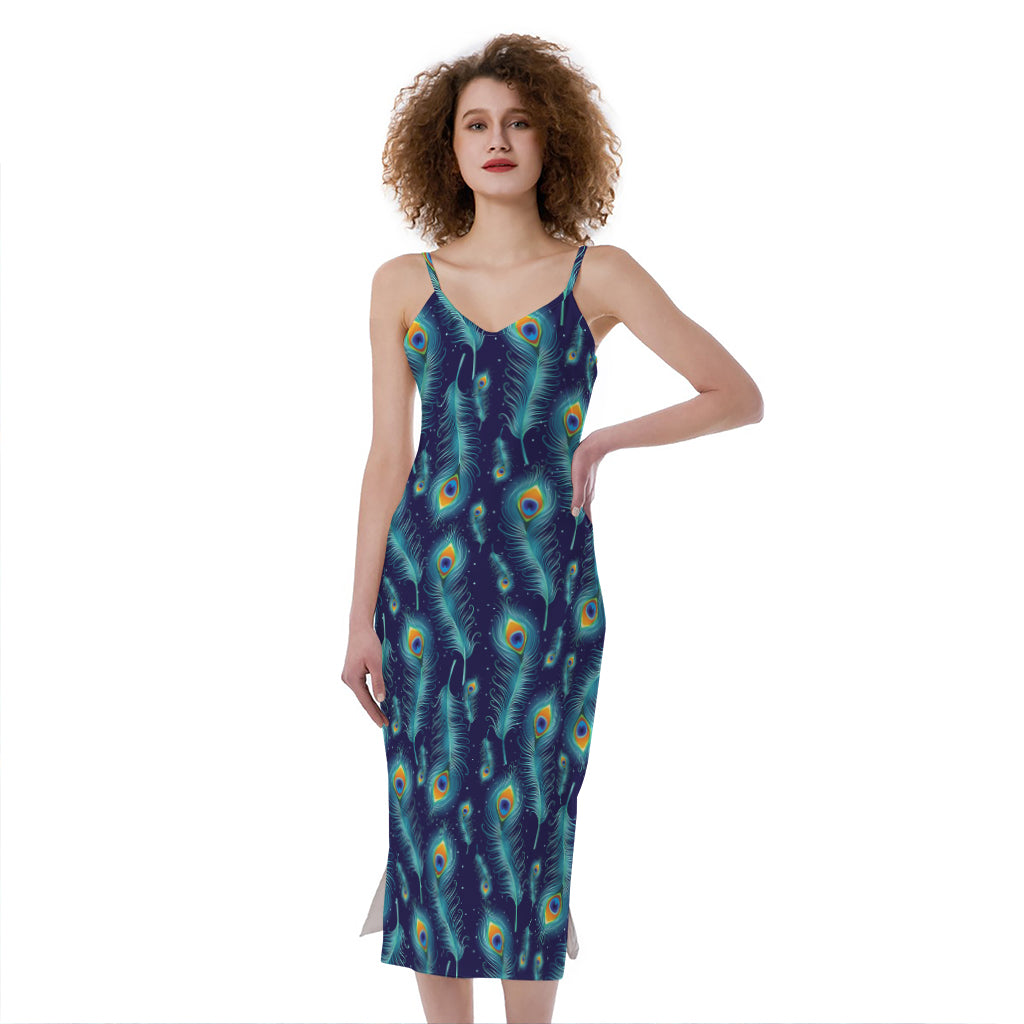 Peacock Feather Pattern Print Slim Fit Midi Cami Dress