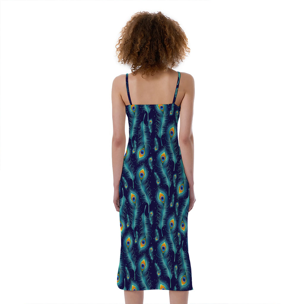 Peacock Feather Pattern Print Slim Fit Midi Cami Dress