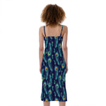 Peacock Feather Pattern Print Slim Fit Midi Cami Dress