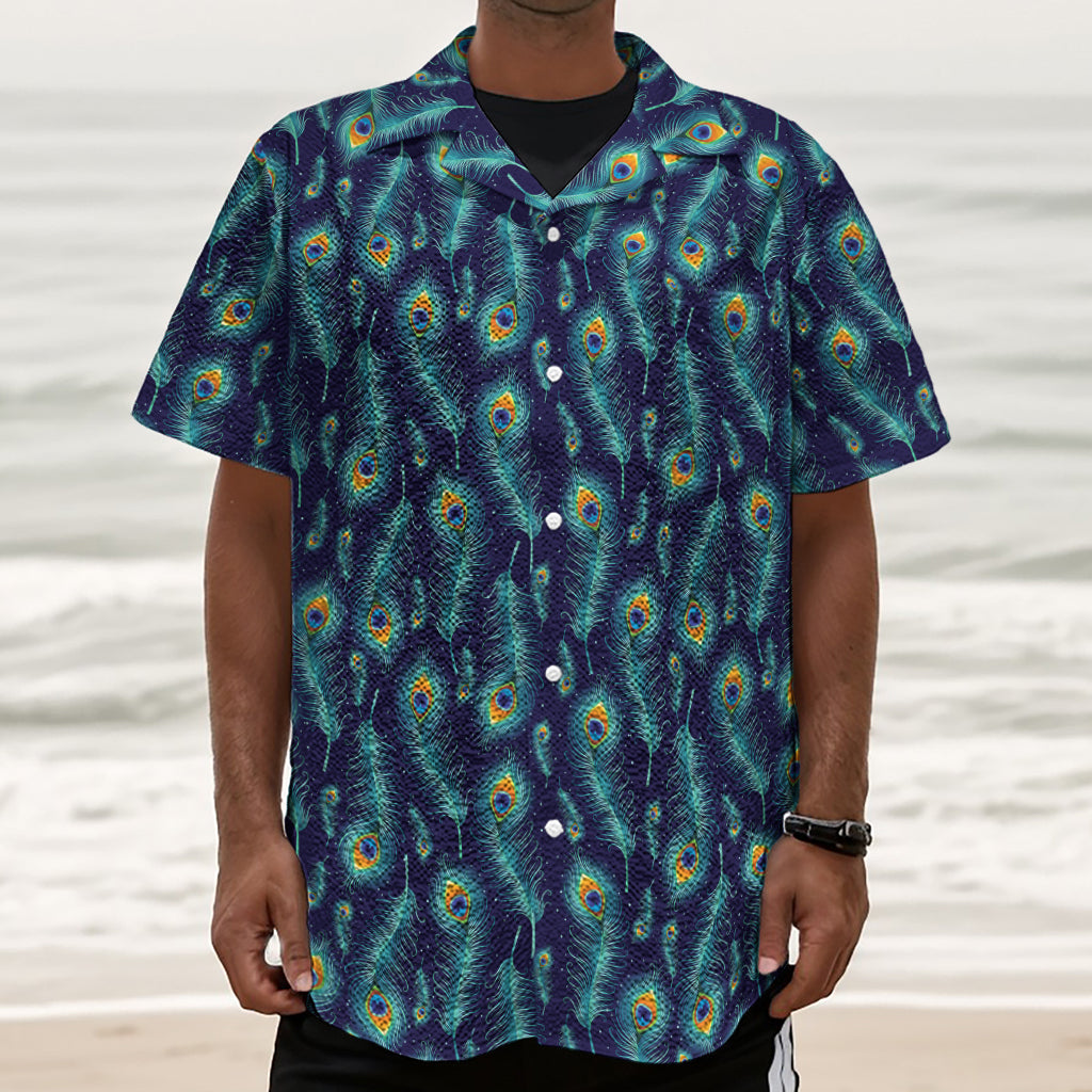 Peacock Feather Pattern Print Textured Short Sleeve Shirt