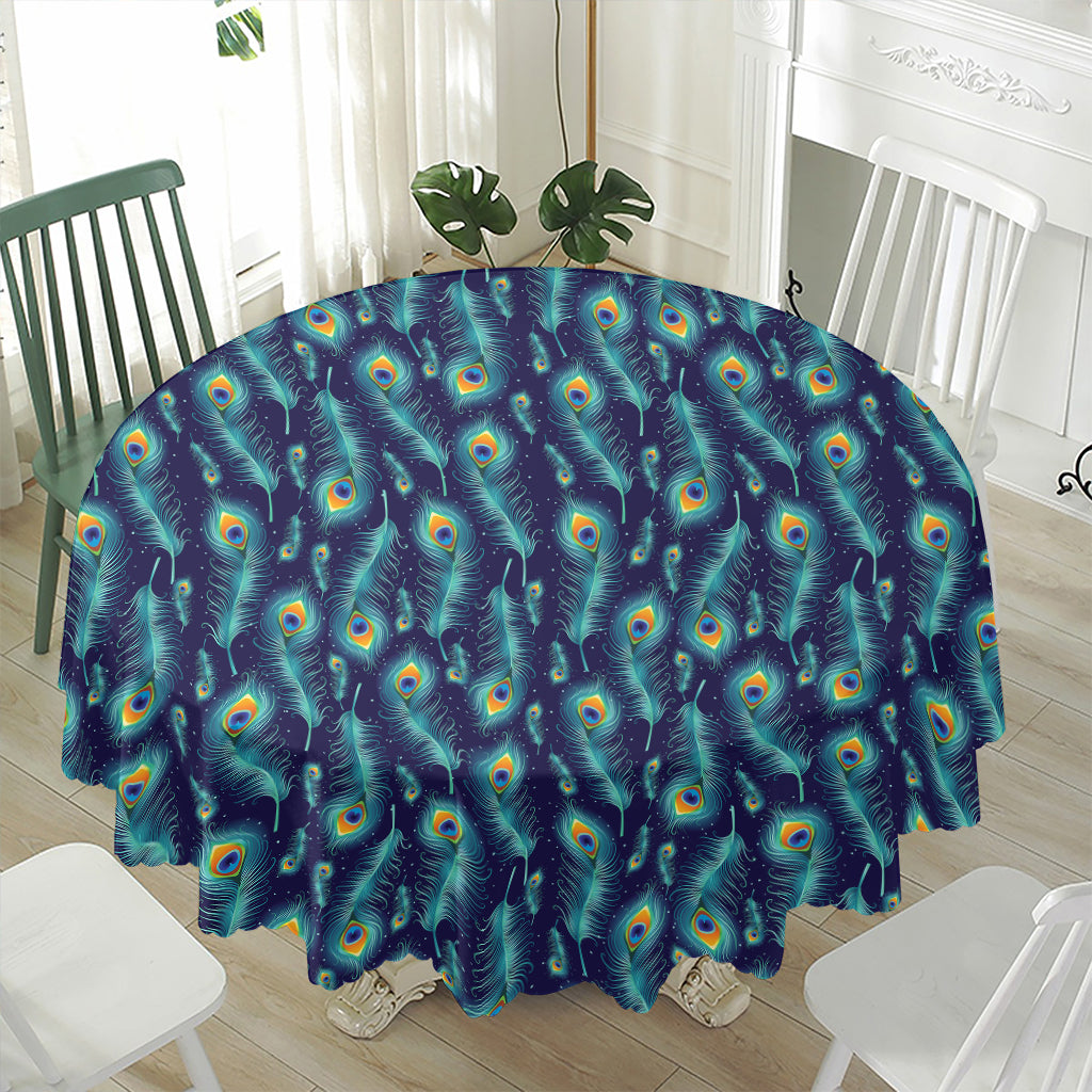 Peacock Feather Pattern Print Waterproof Round Tablecloth