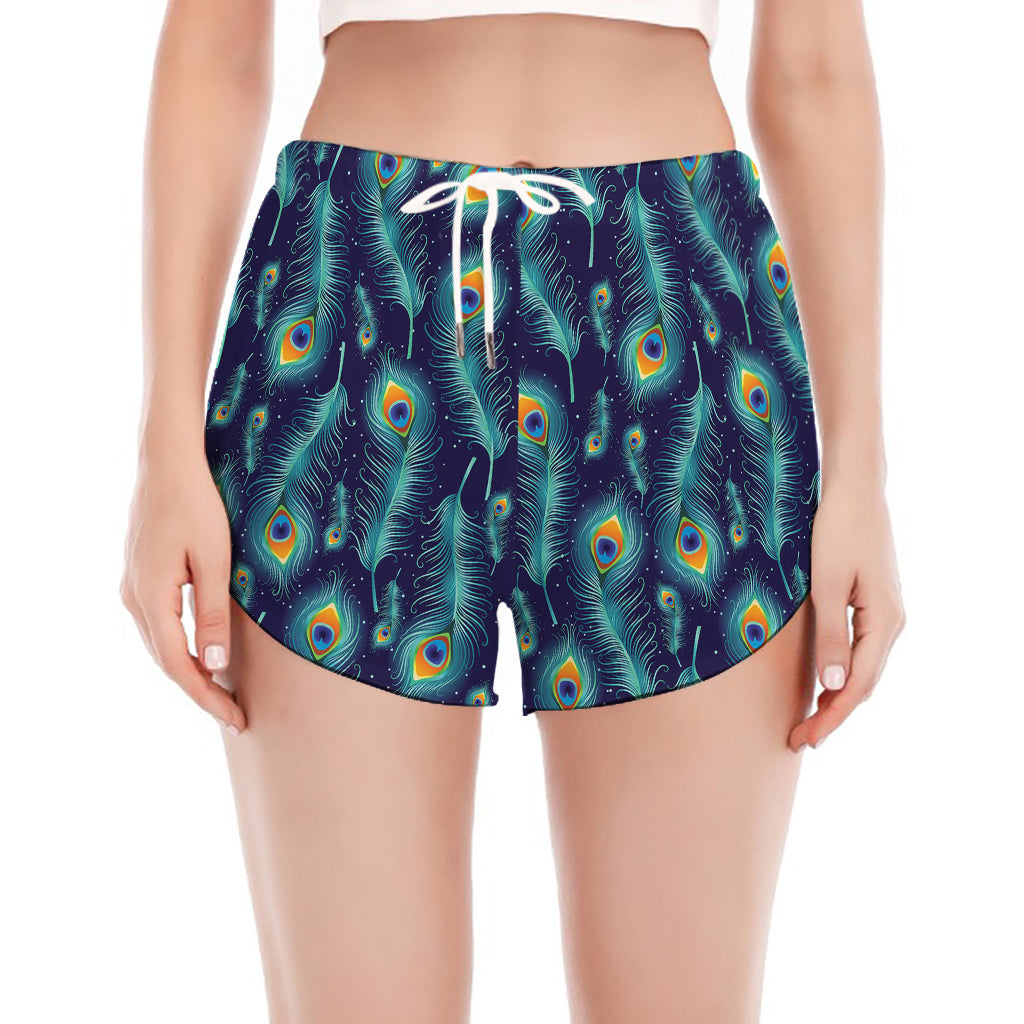 Peacock Feather Pattern Print Women's Split Running Shorts