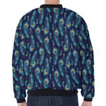 Peacock Feather Pattern Print Zip Sleeve Bomber Jacket