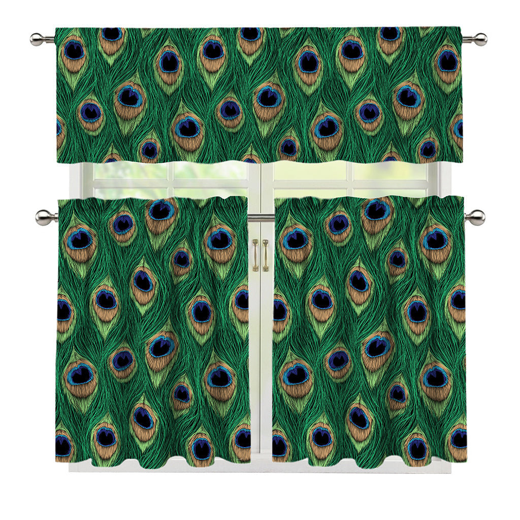 Peacock Tail Pattern Print 3 Piece Kitchen Curtains