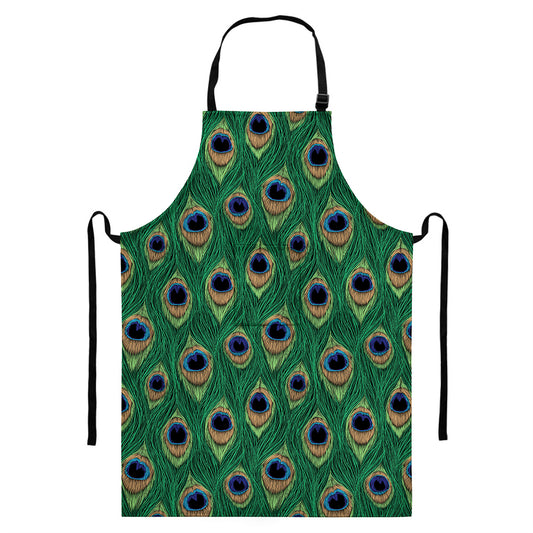 Peacock Tail Pattern Print Bib Apron With Pocket