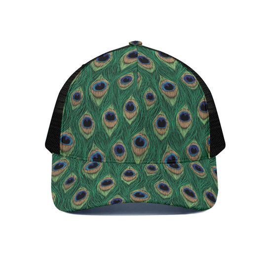 Peacock Tail Pattern Print Black Mesh Trucker Cap