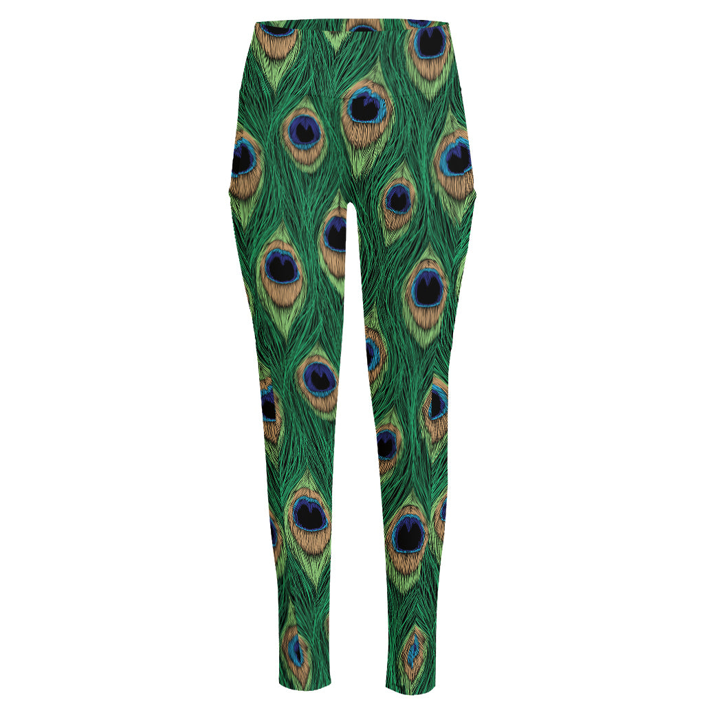 Peacock Tail Pattern Print High-Waisted Pocket Leggings