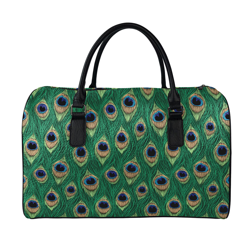 Peacock Tail Pattern Print Leather Duffle Bag