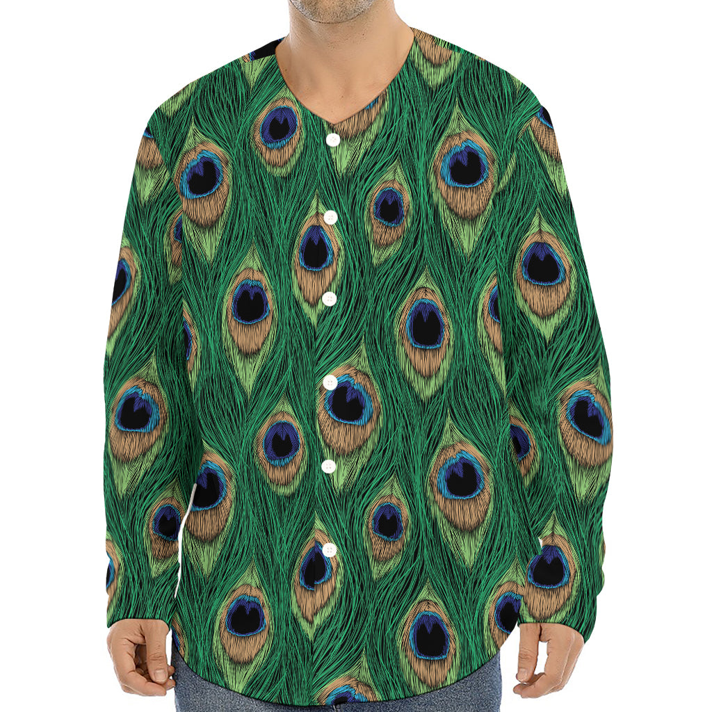 Peacock Tail Pattern Print Long Sleeve Baseball Jersey