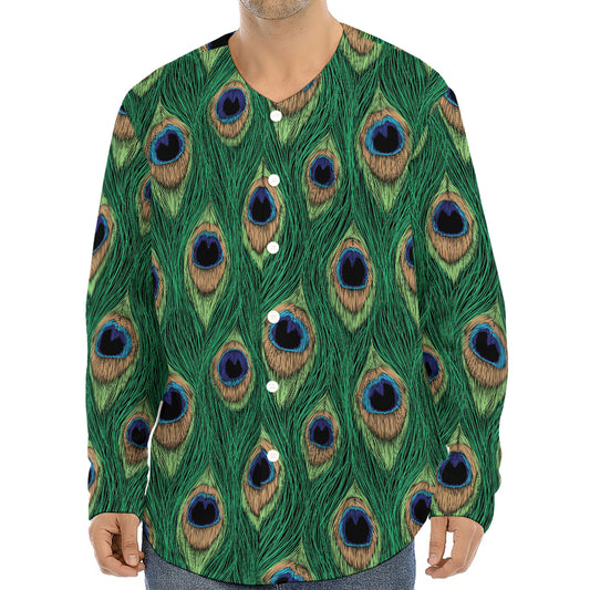Peacock Tail Pattern Print Long Sleeve Baseball Jersey