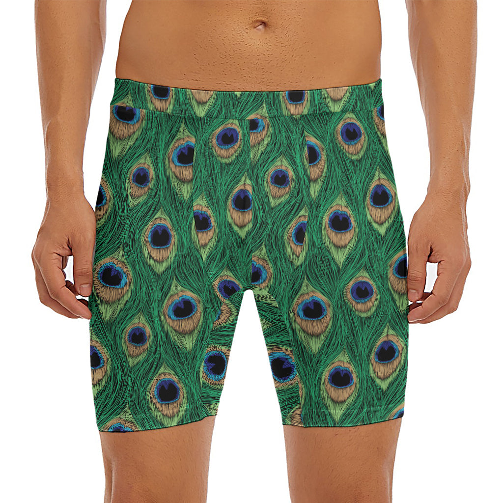 Peacock Tail Pattern Print Men's Long Boxer Briefs