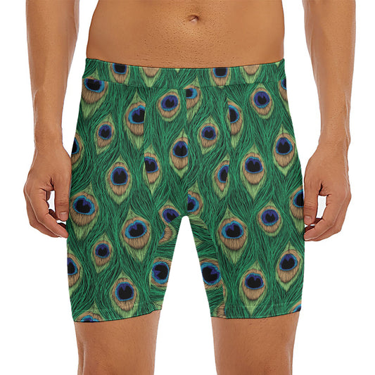 Peacock Tail Pattern Print Men's Long Boxer Briefs