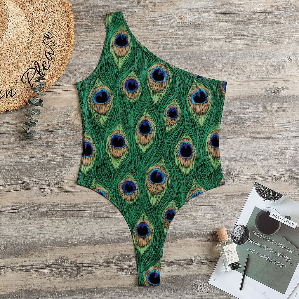 Peacock Tail Pattern Print One Shoulder Bodysuit